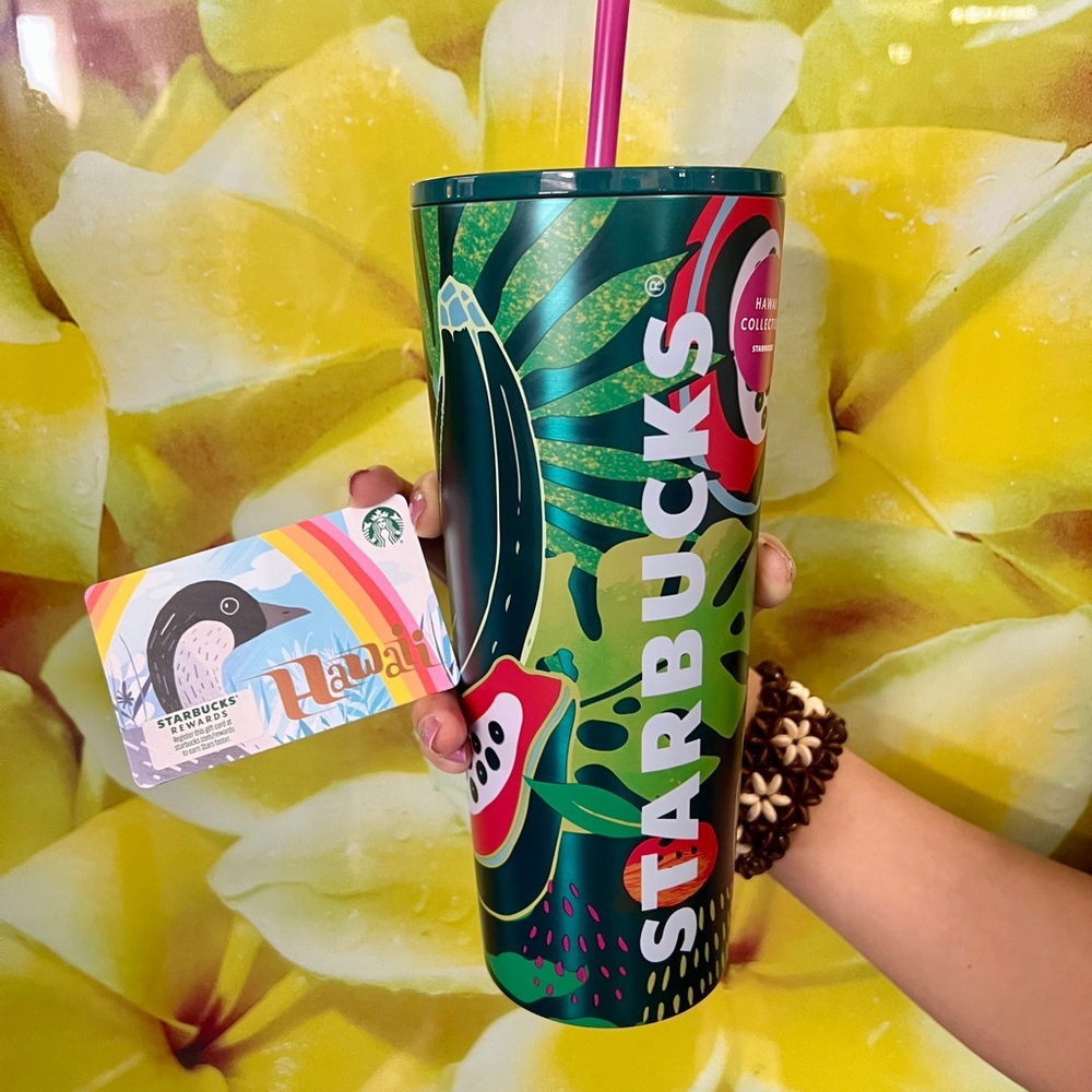 Starbucks Hawaii Collection Palm Leaf Tropical Fruit 24oz Stainless Tumbler NEW